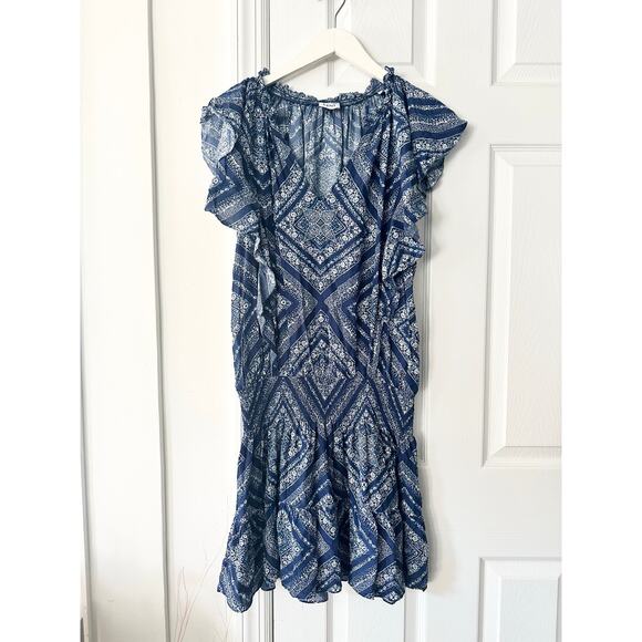 Lini Blue Stacey Ikat Geometric Print Flutter Sleeve Smocked Waist Mini Dress XS - Picture 2 of 11